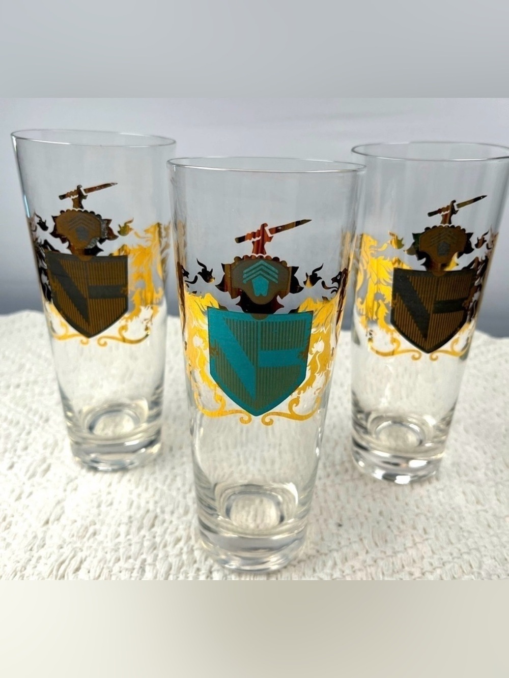 Mid Century Federal Glass Camelot Coat of Arms Highball Glassware-3 Piece
